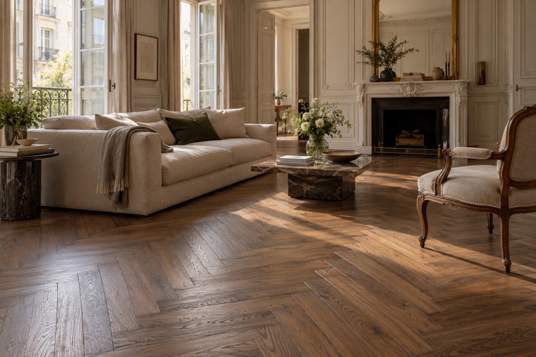 Sunlit Parisian Salon with Herringbone Oak