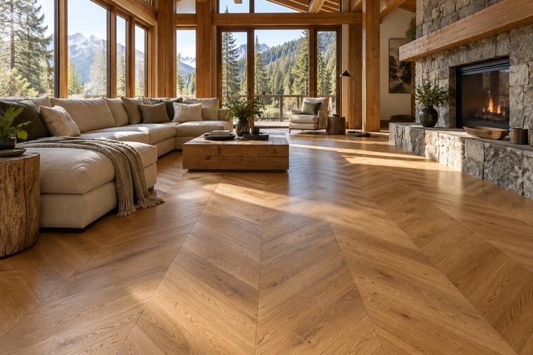 Sunlit mountain lounge with chevron oak flooring
