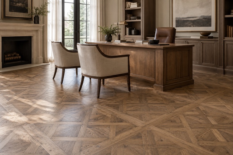 Sunlit executive office with Versailles oak parquet