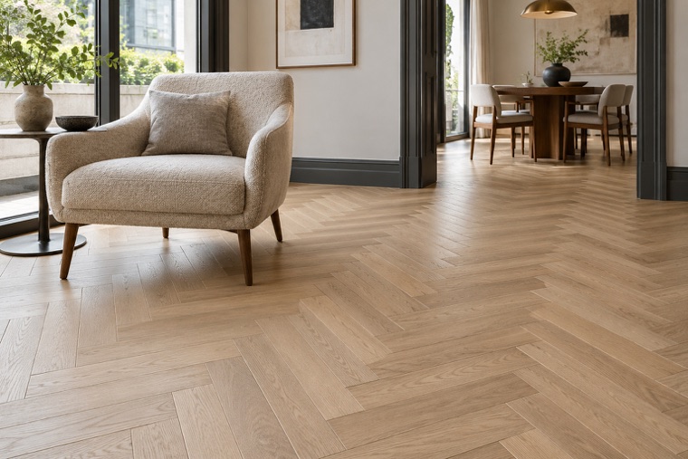 Champagne oak herringbone by the window