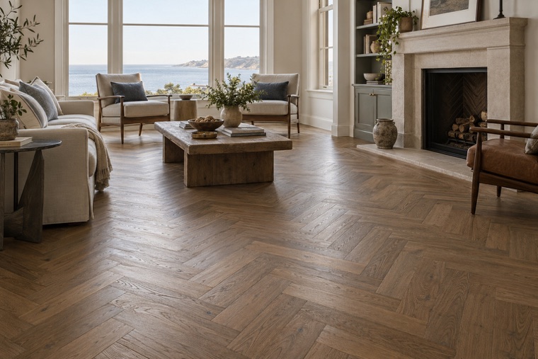 Coastal room with antique oak herringbone