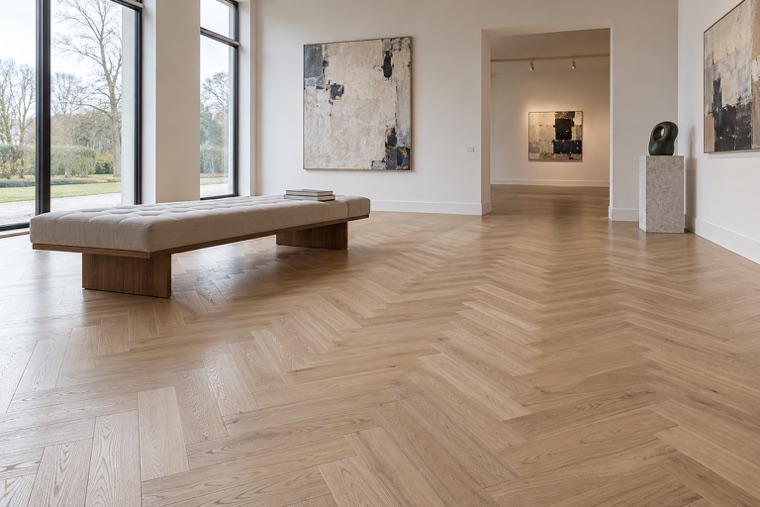 Contemporary gallery with pale oak herringbone
