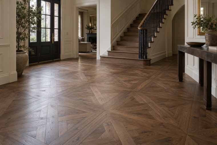 Elegant townhouse foyer with Versailles oak