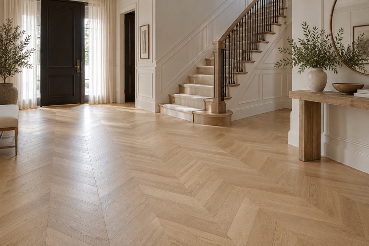 French Chevron Oak in a Townhouse Foyer