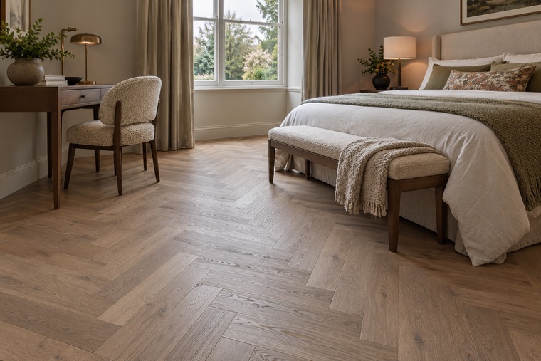 Greige herringbone oak guest bedroom