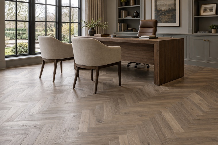 Greige oak herringbone executive office