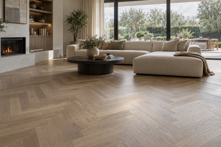 Greige oak herringbone living room
