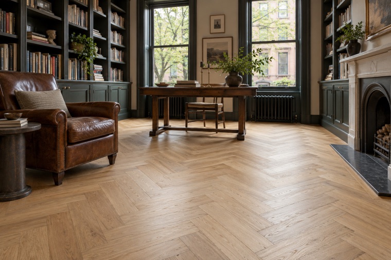 Herringbone oak floors in a brownstone library