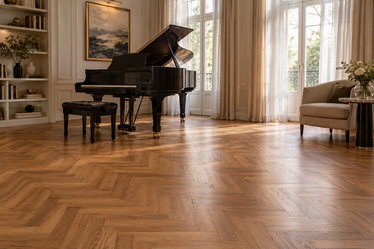 Herringbone oak piano room