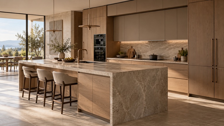 Kitchen with a stone waterfall island and oak cabinetry