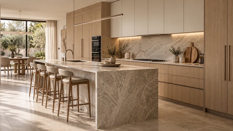 Kitchen with a stone island and cream cabinetry