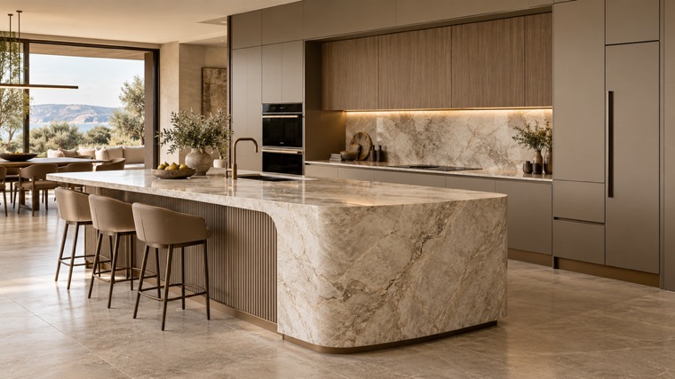 Kitchen with a curved stone island