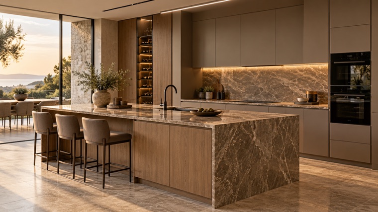 Kitchen with a stone island and walnut cabinetry