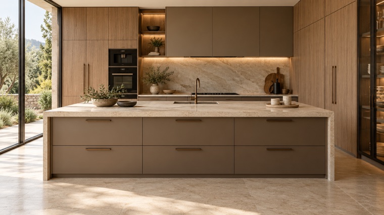 Kitchen with a long island and oak wall cabinets