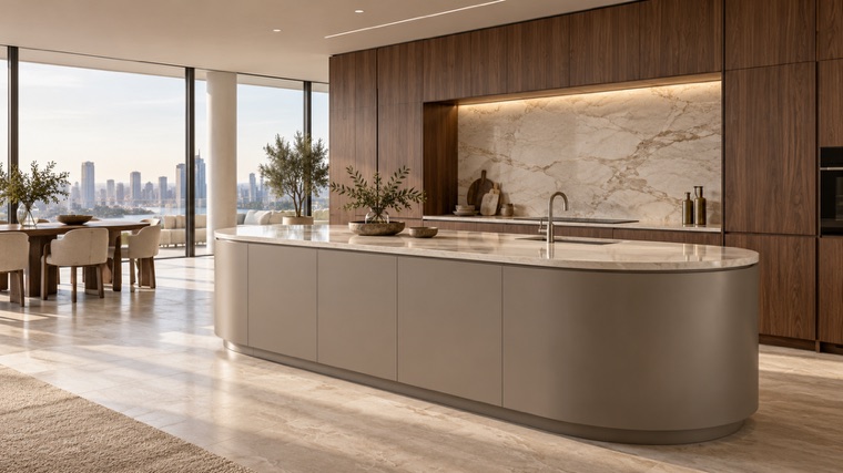 Kitchen with a rounded island in grey lacquer
