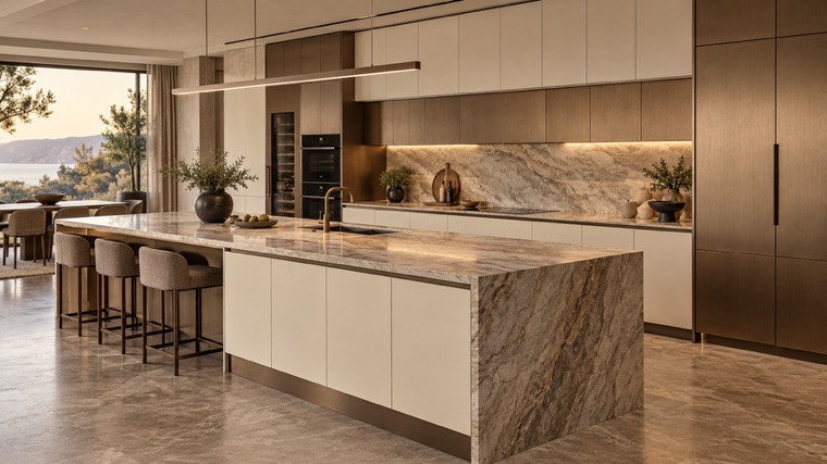 Kitchen with an island in book-matched stone