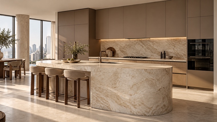 Kitchen with a sculpted stone island