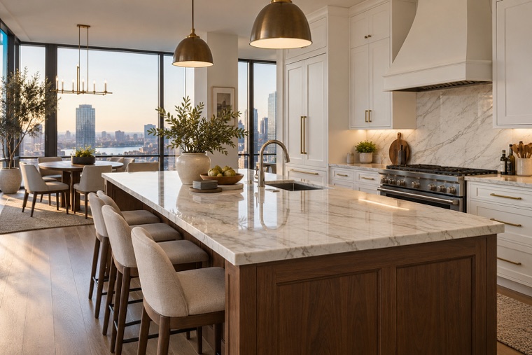 Kitchen with a marble island and city view