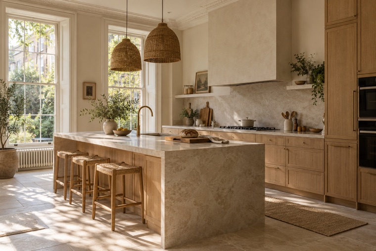 Kitchen with a quartzite island and oak cabinetry