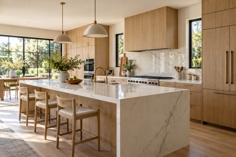 Kitchen with a white stone island under pendants