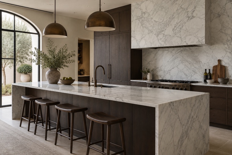 Kitchen with a Carrara marble island and dark wood cabinetry