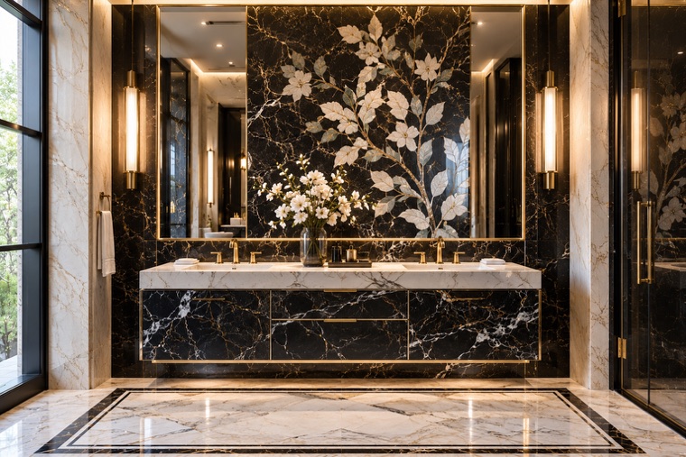 Bathroom vanity in black marble with a flowering-branch stone mosaic
