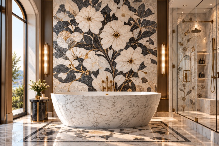 Bathroom with a natural stone mosaic wall