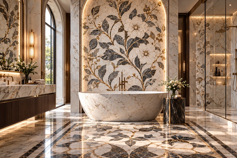 Bathroom with a natural stone mosaic wall