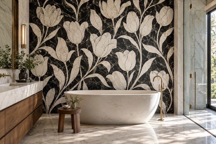 Bathroom with a natural stone mosaic wall