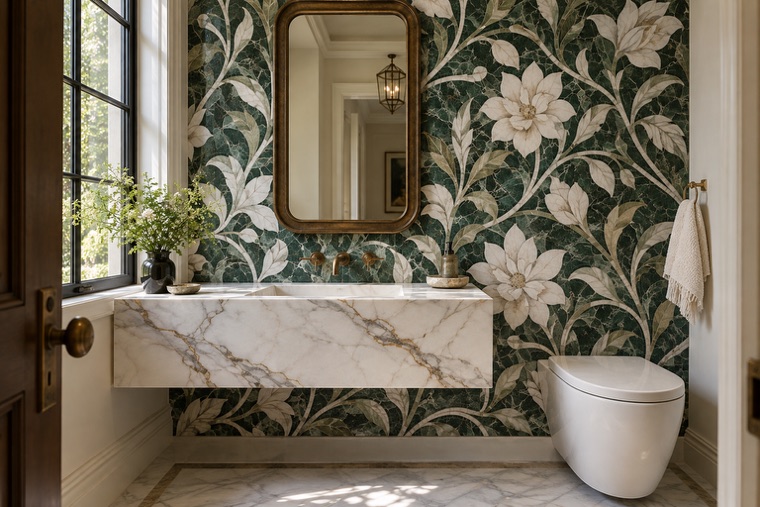 Bathroom with a natural stone mosaic wall
