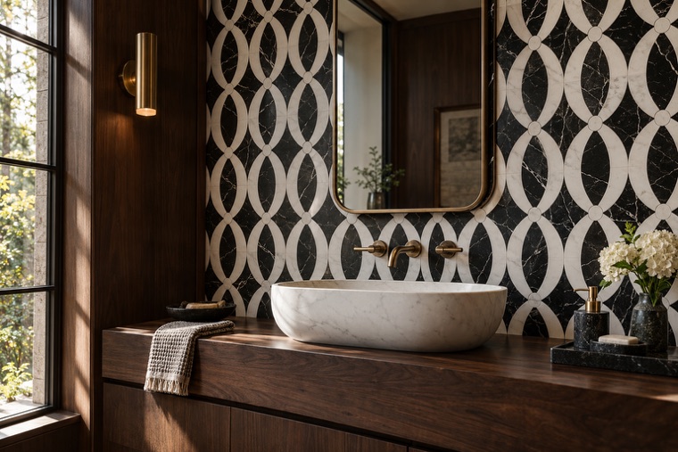 Bathroom with a natural stone mosaic wall