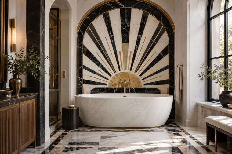 Bathroom with a natural stone mosaic wall