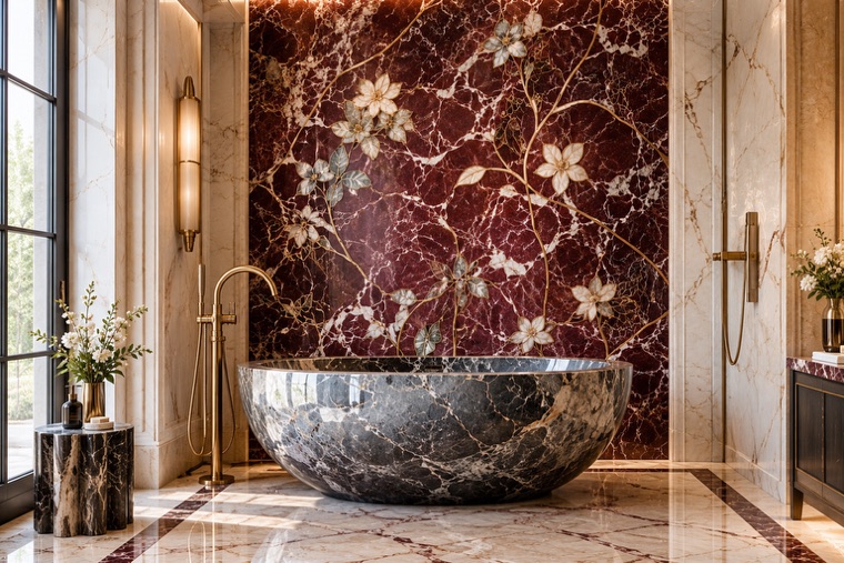 Bathroom with a natural stone mosaic wall