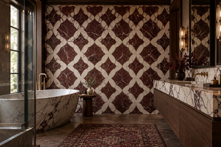 Bathroom with a natural stone mosaic wall