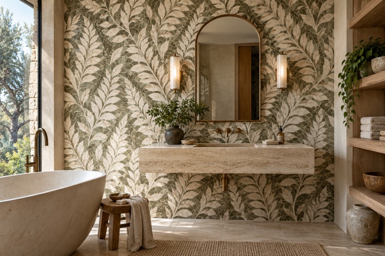Bathroom with a natural stone mosaic wall