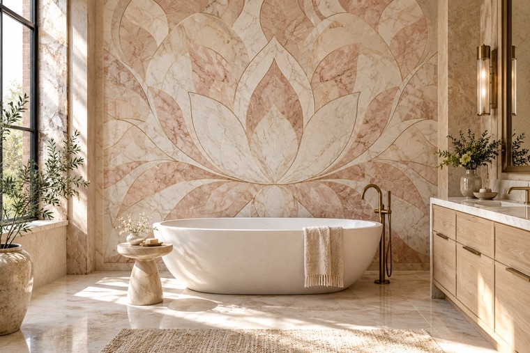 Bathroom with a natural stone mosaic wall