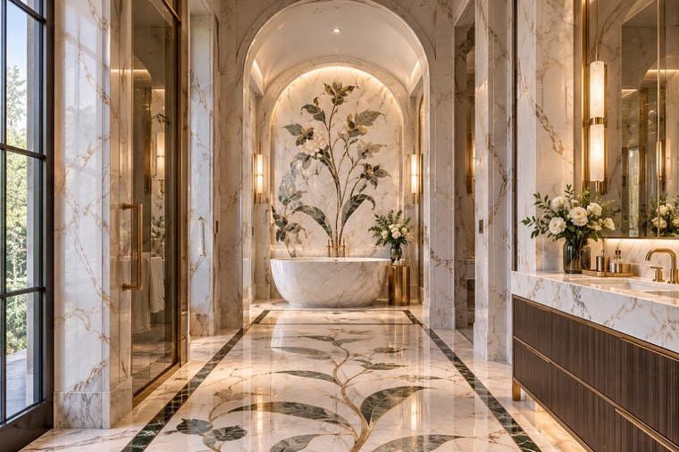 Bathroom with a natural stone mosaic wall