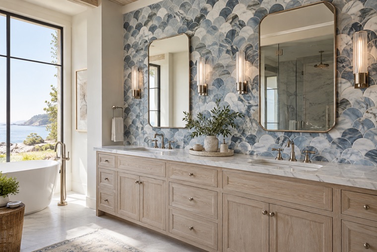 Bathroom with a natural stone mosaic wall