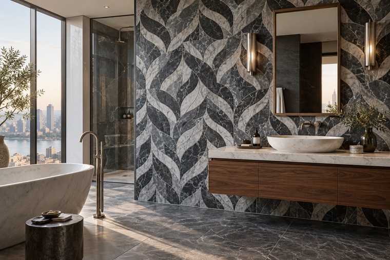 Bathroom with a natural stone mosaic wall