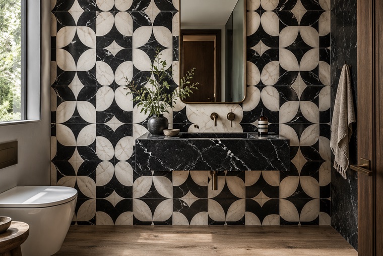 Bathroom with a natural stone mosaic wall