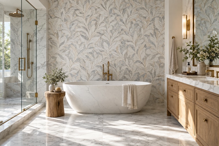 Bathroom with a natural stone mosaic wall