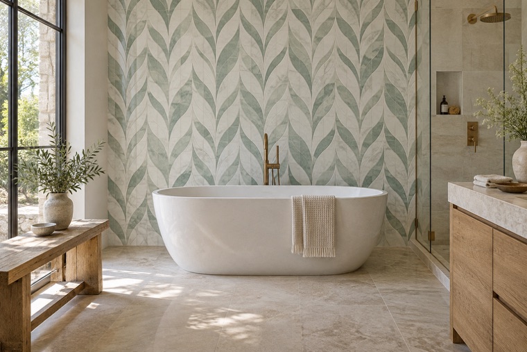 Bathroom with a natural stone mosaic wall