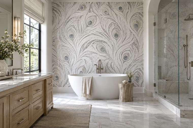Bathroom with a natural stone mosaic wall