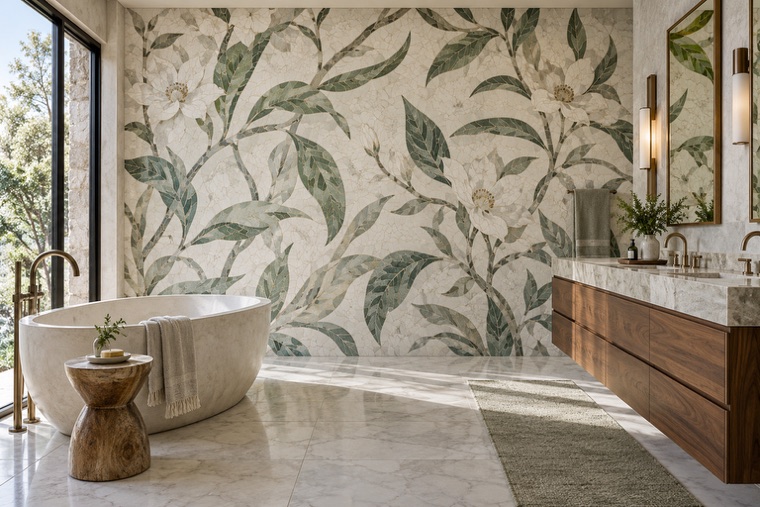 Bathroom with a natural stone mosaic wall