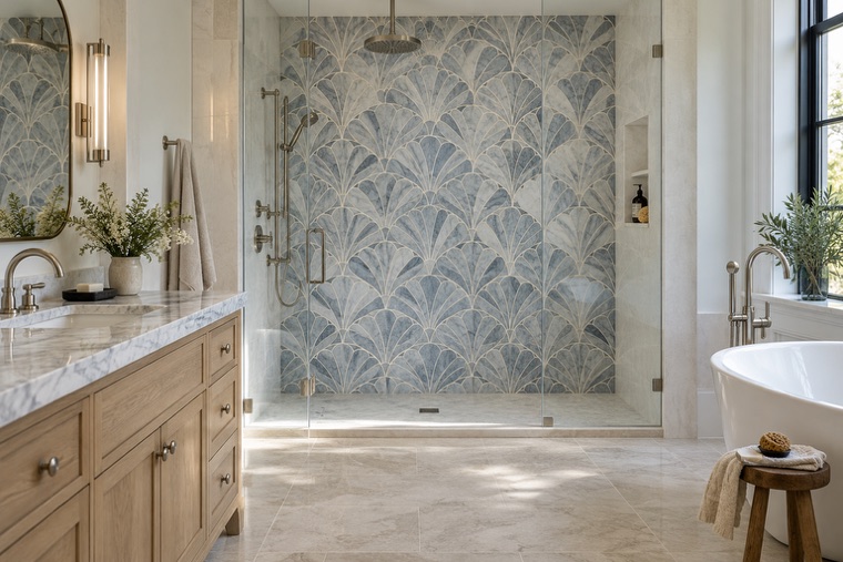 Bathroom with a natural stone mosaic wall