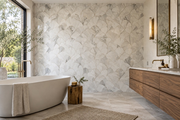 Bathroom with a natural stone mosaic wall