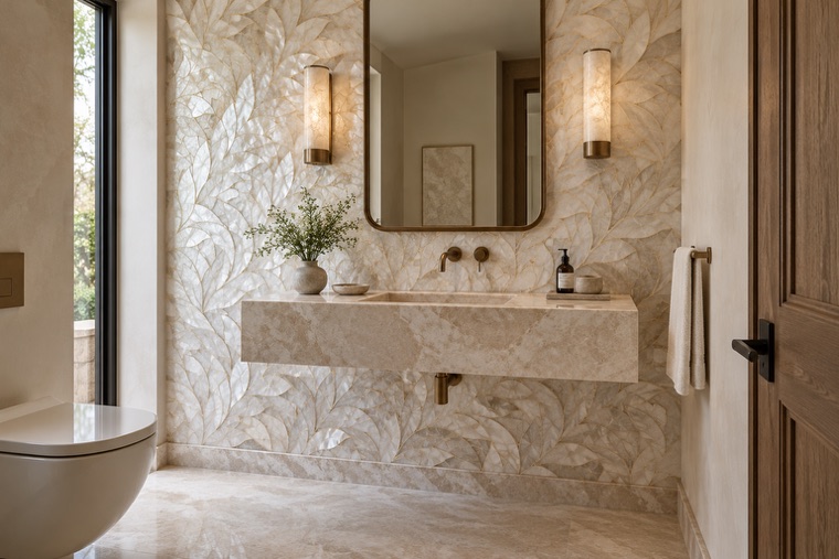 Bathroom with a natural stone mosaic wall