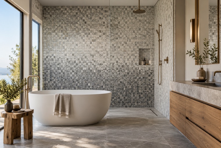 Bathroom with a natural stone mosaic wall