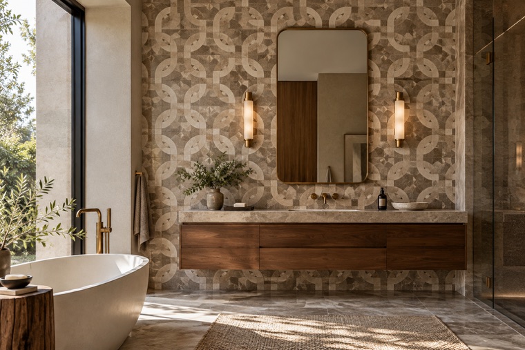 Bathroom with a natural stone mosaic wall