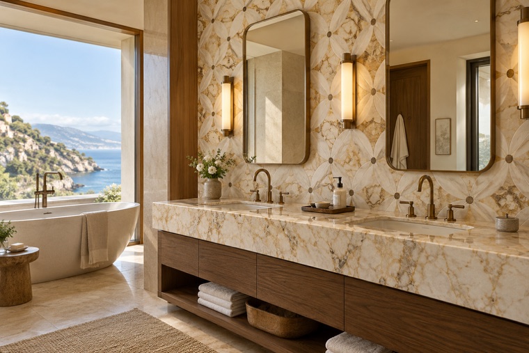 Bathroom with a natural stone mosaic wall